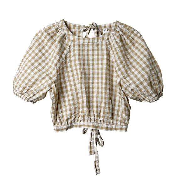 bp Tops - BP Gingham Balloon Sleeve Cotton Top Ivory Beige Size Small Chic leisure